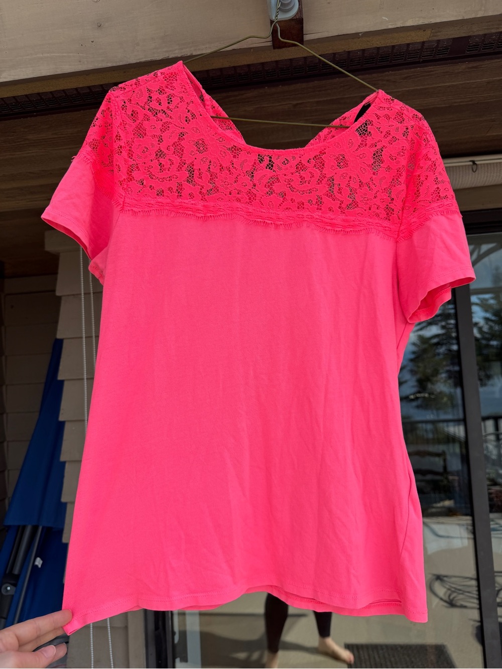 H&M Neon Pink Lace Yoke Short Sleeve Tee